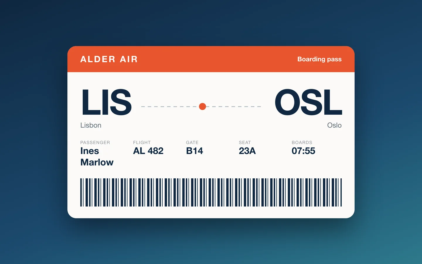 A sample screenshot: a boarding pass from Lisbon to Oslo